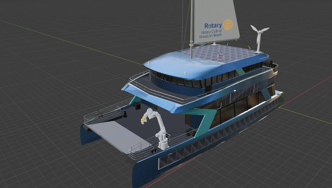 3D design render of the Phoenix catamaran, with a solar roof, wind turbines and a Rotary sail.